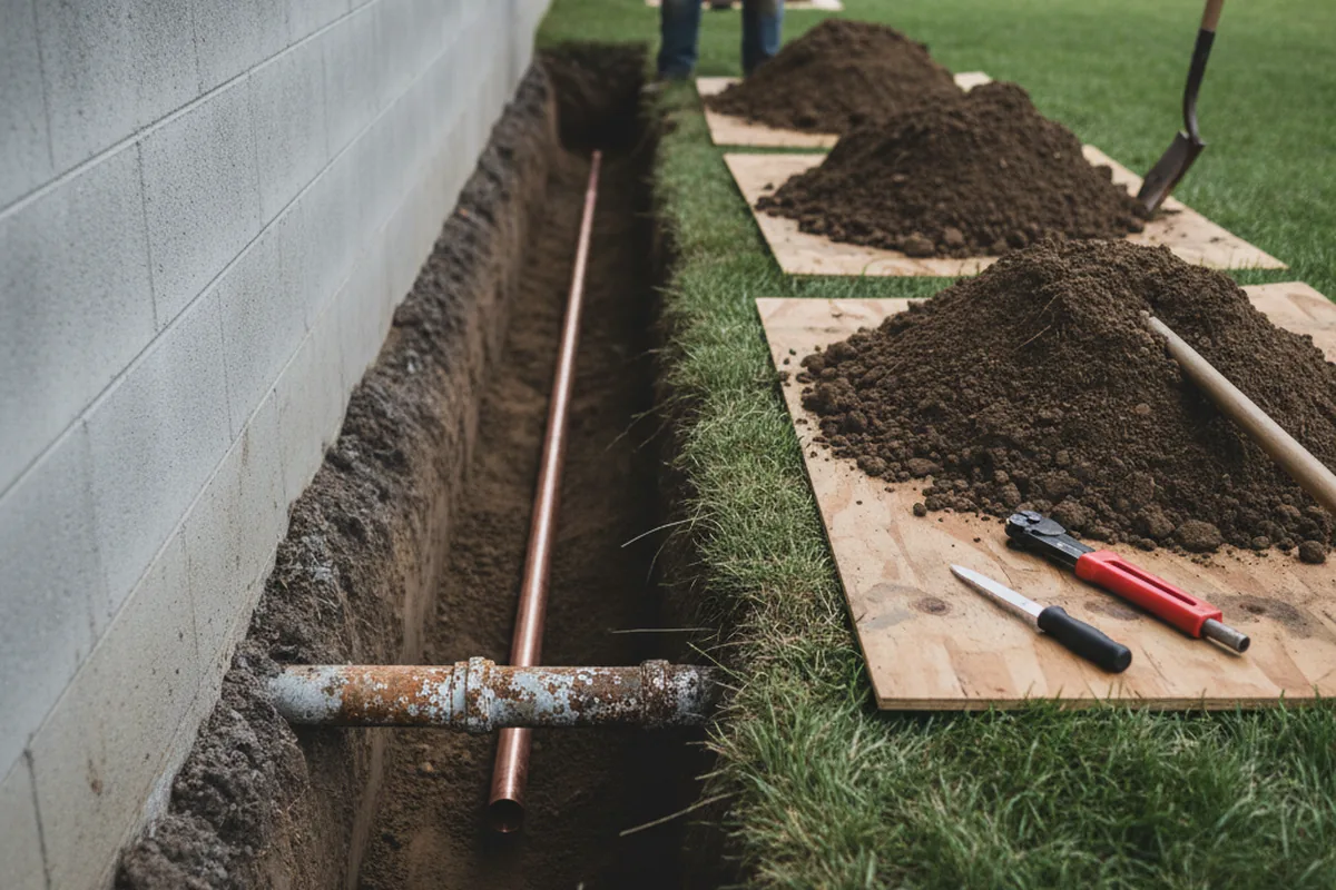 Excavated water line trench during Water Heater Repair in Lynden